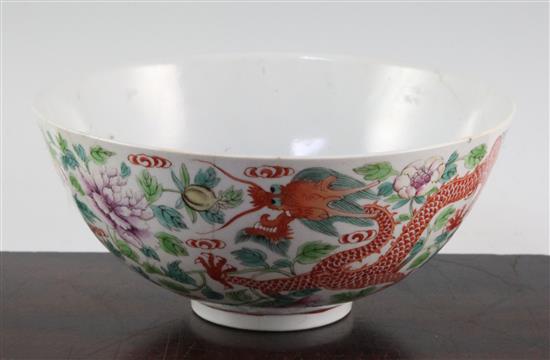 A Chinese famille rose dragon and phoenix bowl, Jiaqing seal mark, late 19th / early 20th century, diam. 21cm, broken and repaired